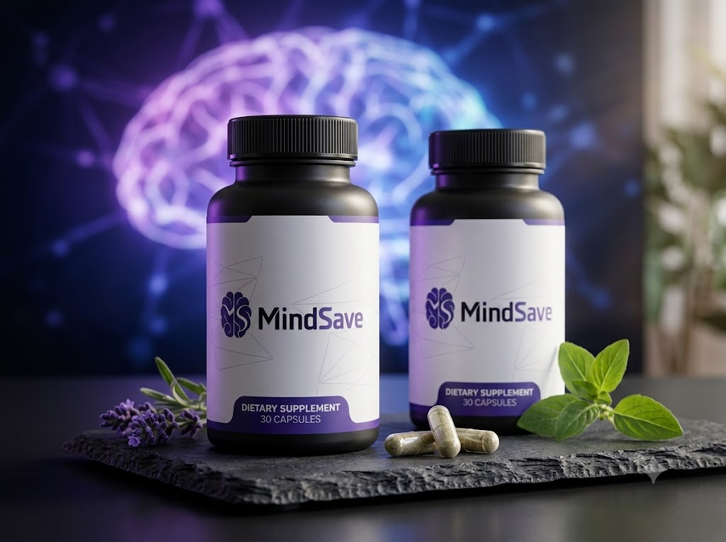 MindSave bottles displayed with an abstract illuminated brain visual